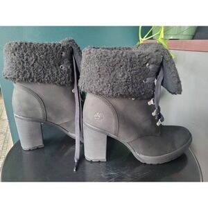 Timberland Fur Trim Lace Up Block Heel Ortholite Boots Black Women's 8.5 39.5